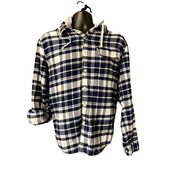 American Eagle Super Soft Hooded Flannel Shirt Dark Blue Plaid L - Picture 1 of 4